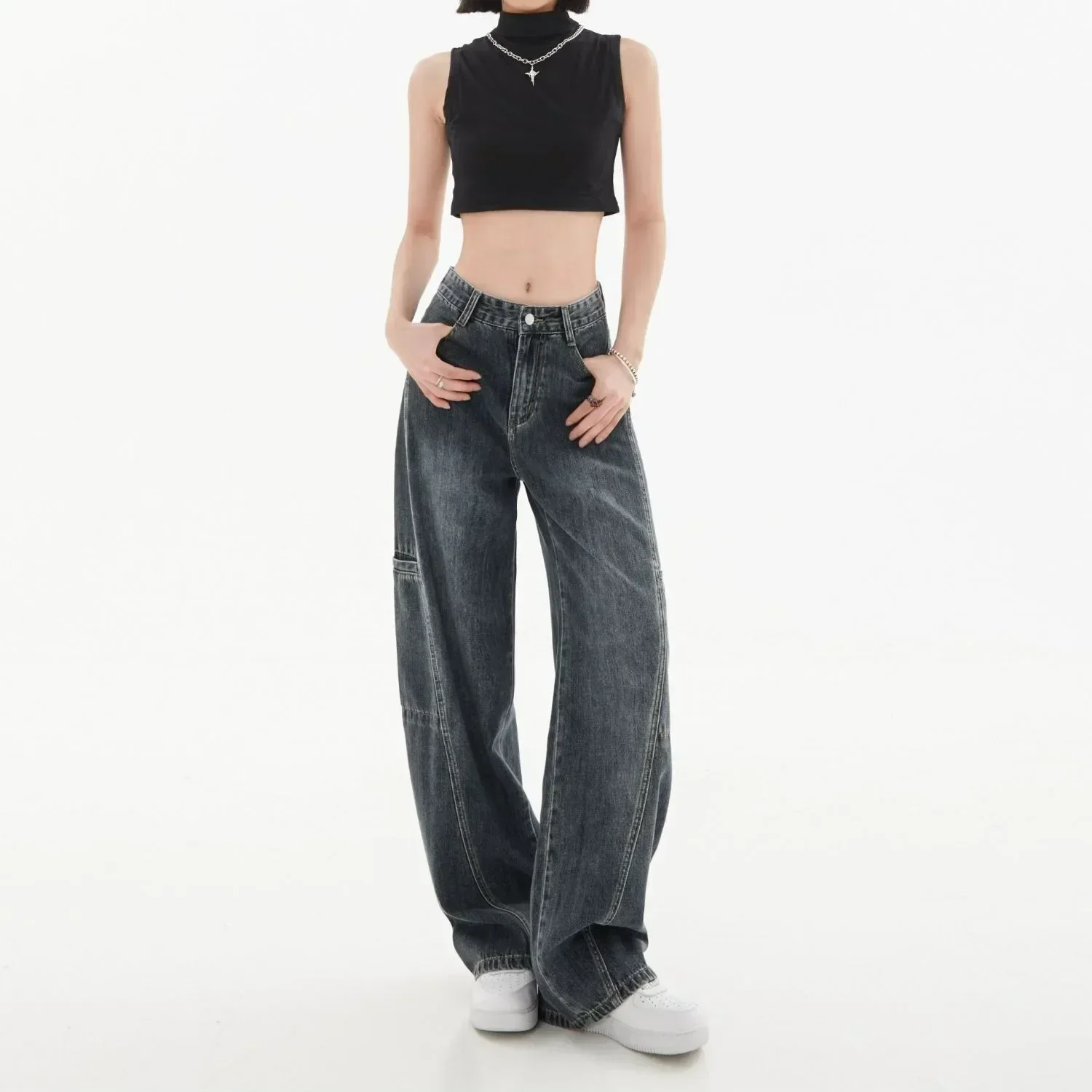 Свободные потертые джинсы-карго в стиле ретро - Фотография_2