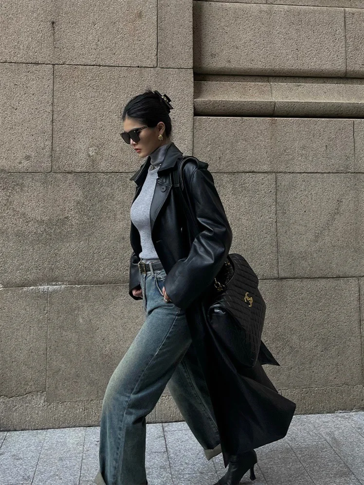 Женские пальто из искусственной кожи с отложным воротником - Фотография_5