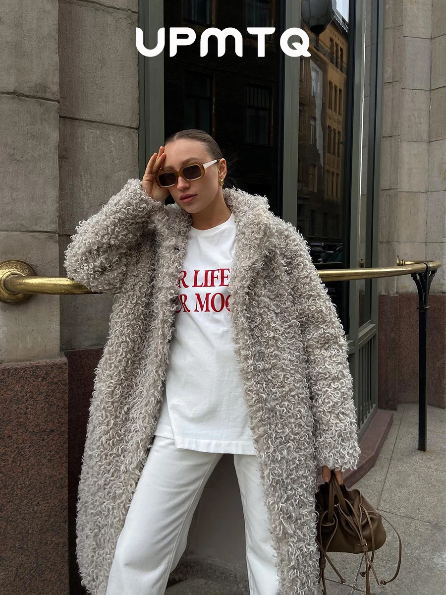 Серое шерстяное длинное пальто из искусственного меха для женщин