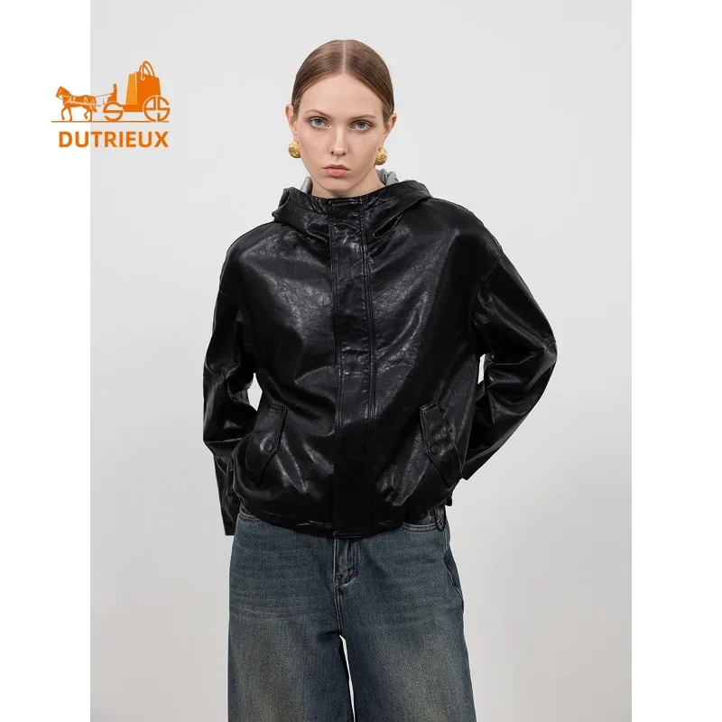 Осенне-зимняя женская свободная короткая кожаная куртка с капюшоном - Фотография_2