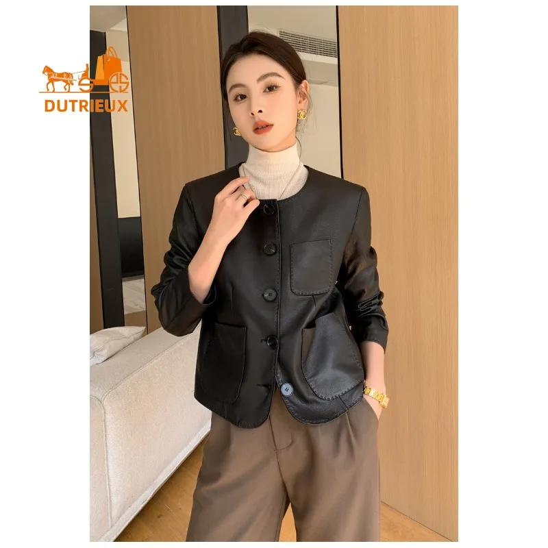 Новая осенняя женская короткая кожаная куртка ручной работы - Фотография_4