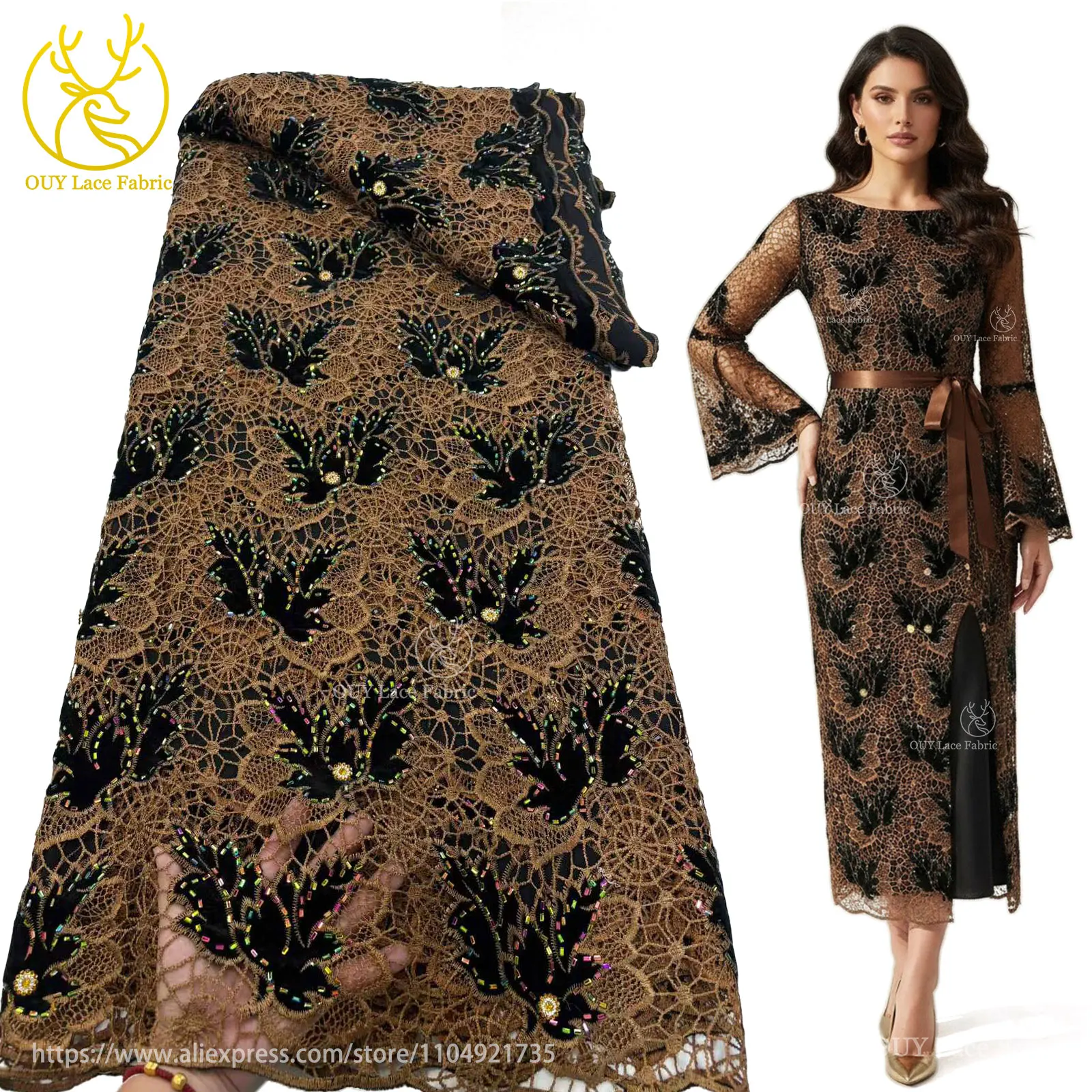 Роскошная бархатная африканская кружевная ткань с кристаллами - Фотография_4