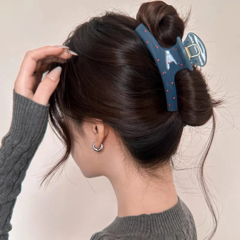 Винтажная заколка для волос с синим горошком и красным бантом - Фотография_3