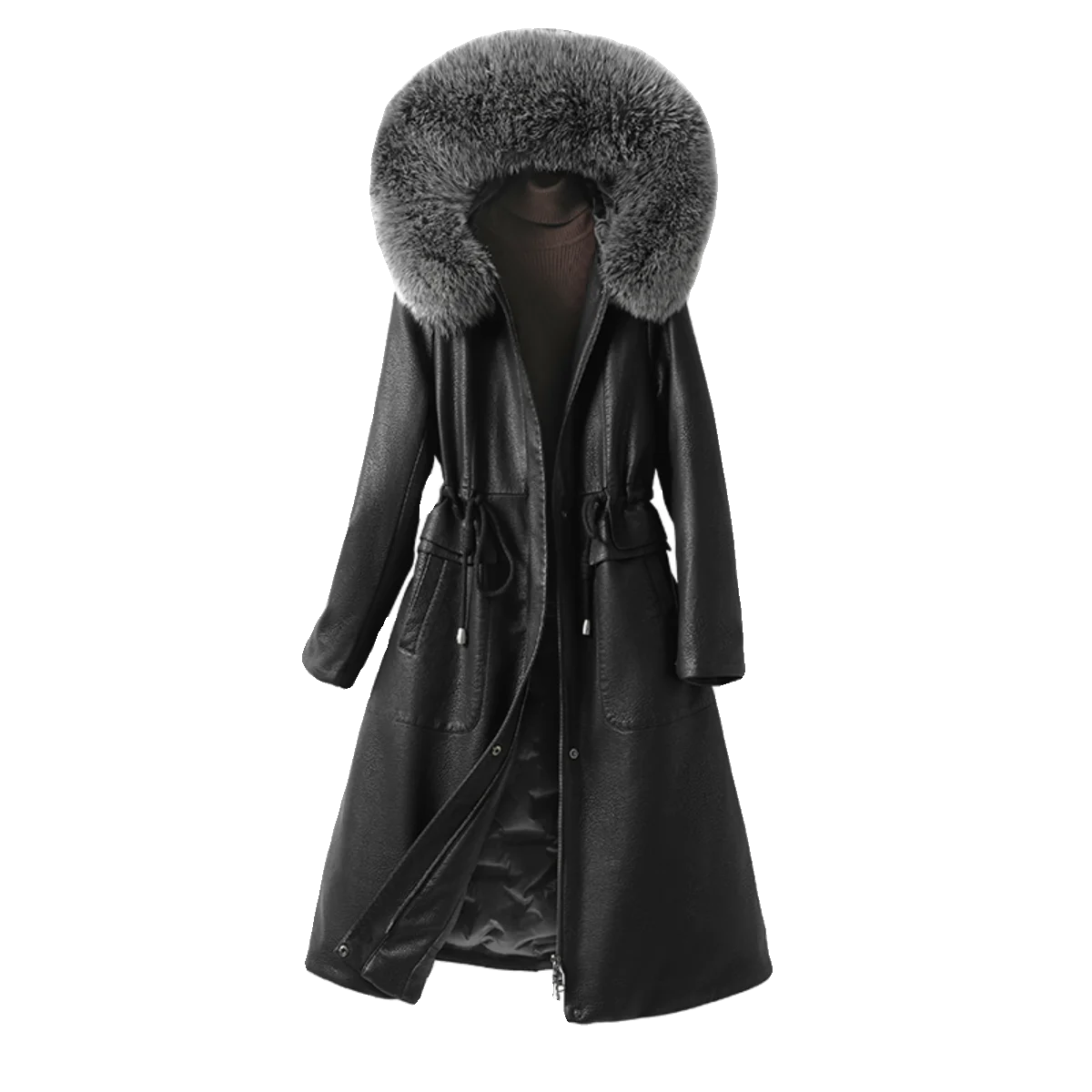 Модное черное пуховое пальто из натуральной кожи