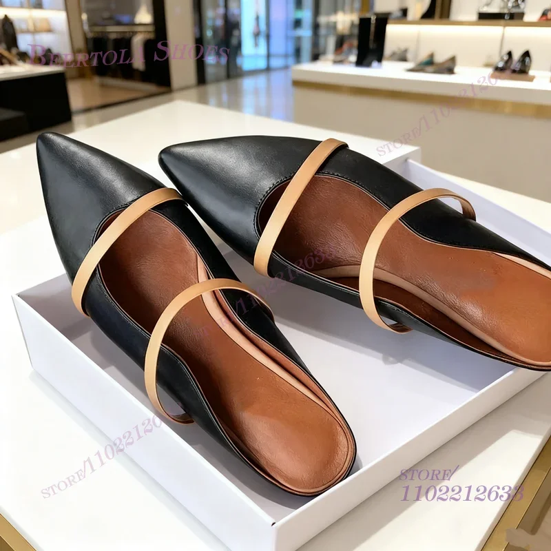 Кожаные черные сандалии на плоской подошве с острым носком