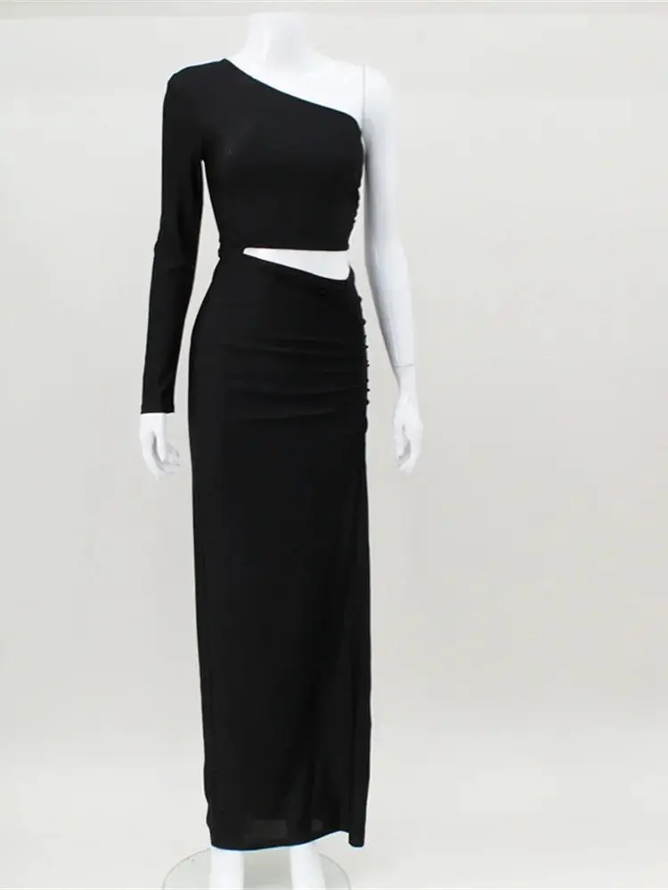 Cnyishe платье макси на одно плечо с вырезами и рюшами для женщин - Фотография_5