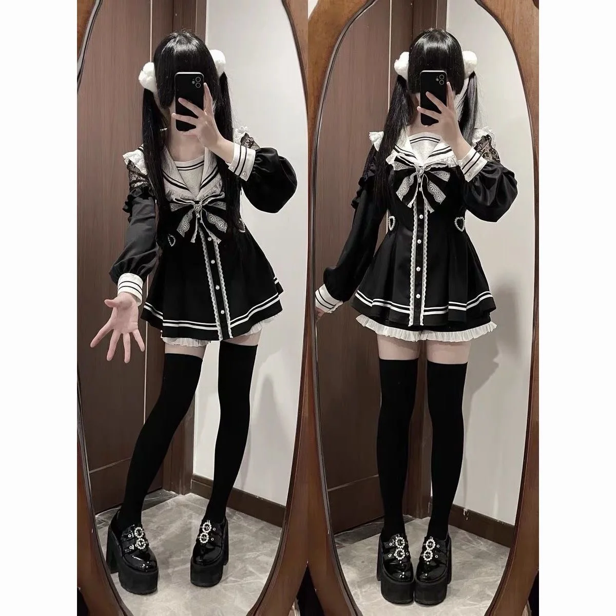 Черные клетчатые платья harajuku sweet bow - Фотография_4