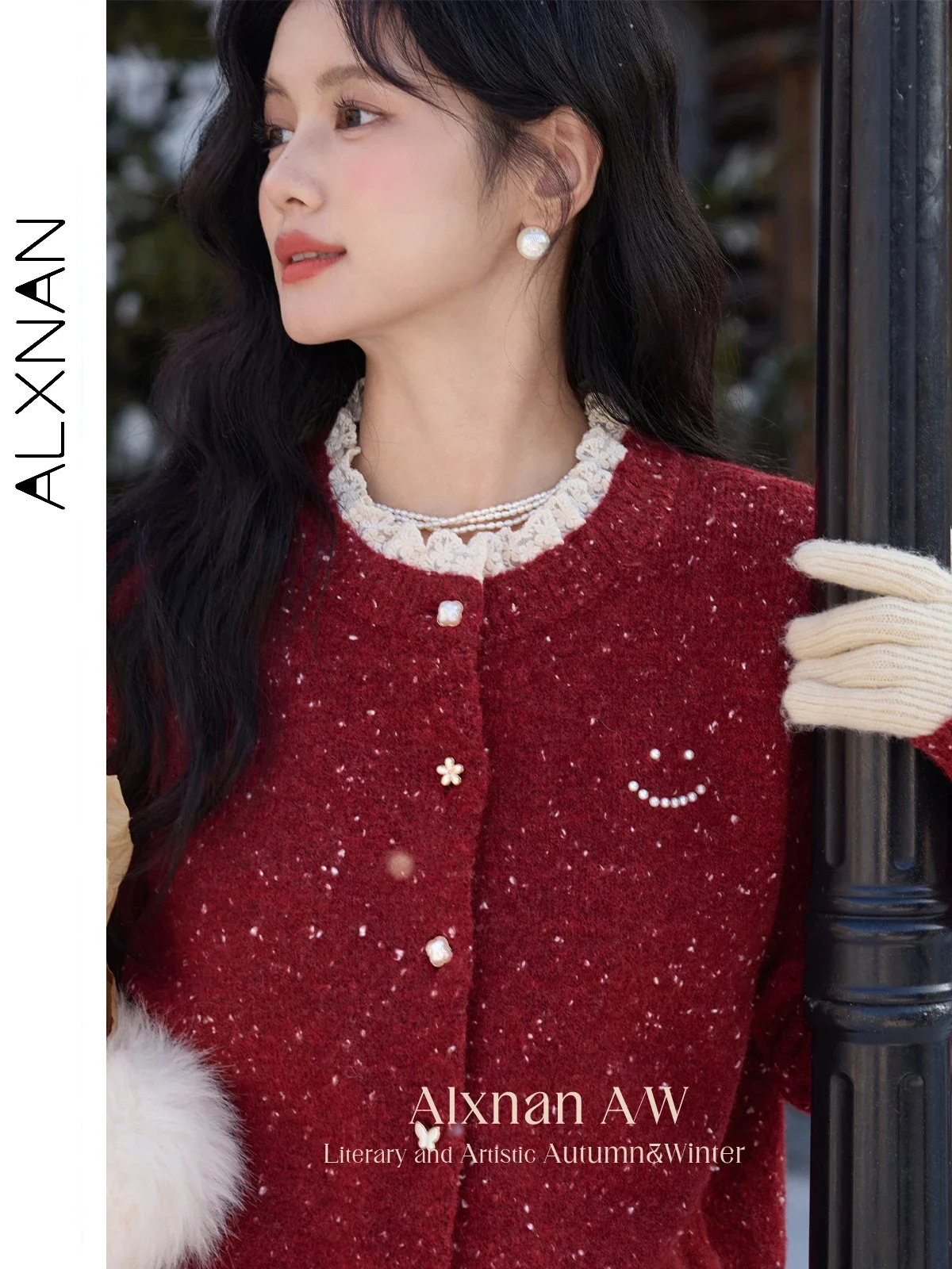 Alxnan красный кардиган с кружевным воротником - Фотография_5