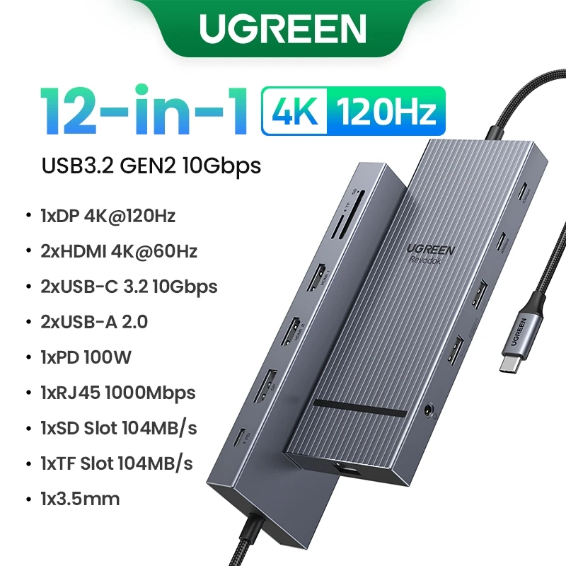 Ugreen 12-в-1 usb-концентратор type-c к 2hdmi 4k120 гц dp usb3