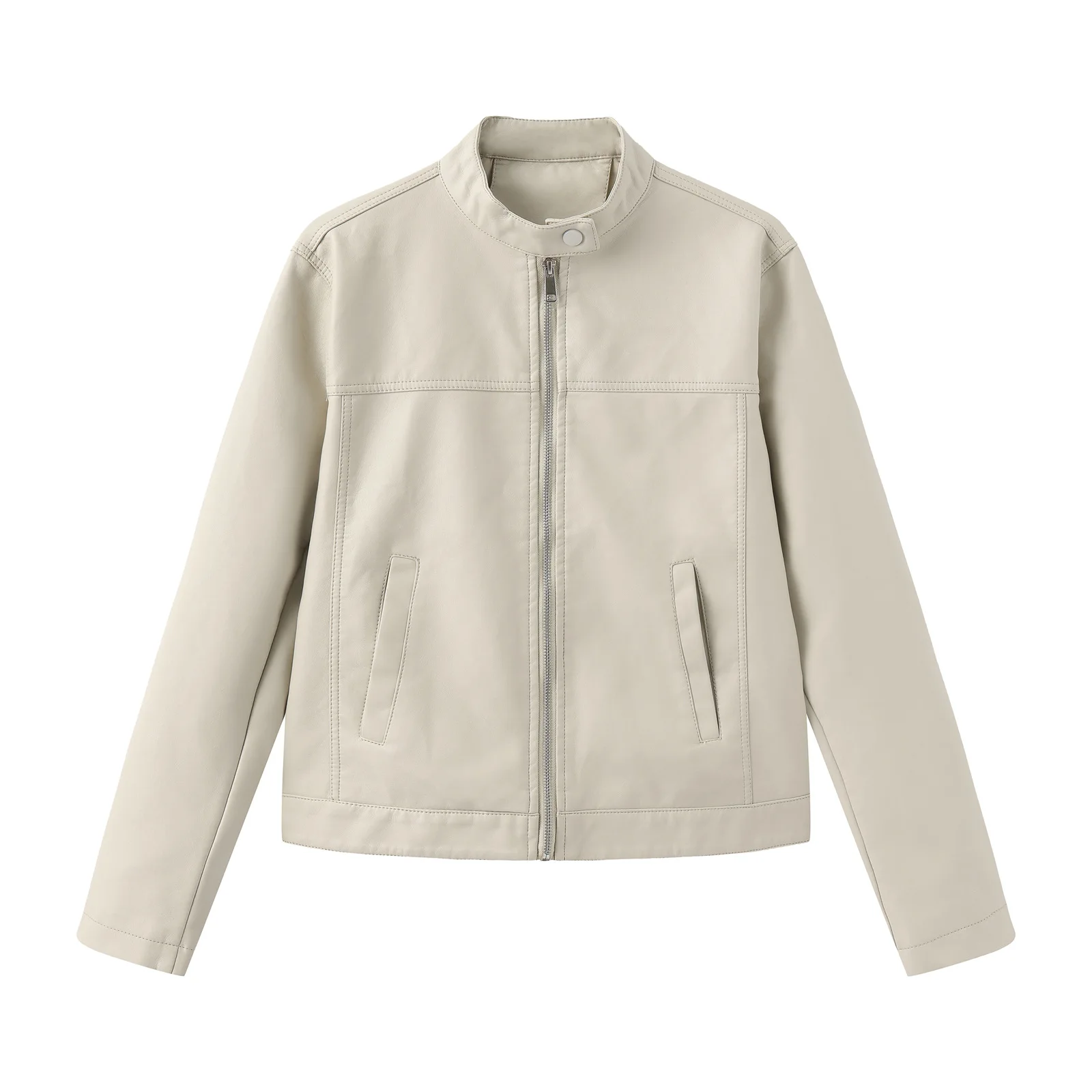 Женская повседневная кожаная куртка в уличном стиле с воротником-стойкой - Фотография_3