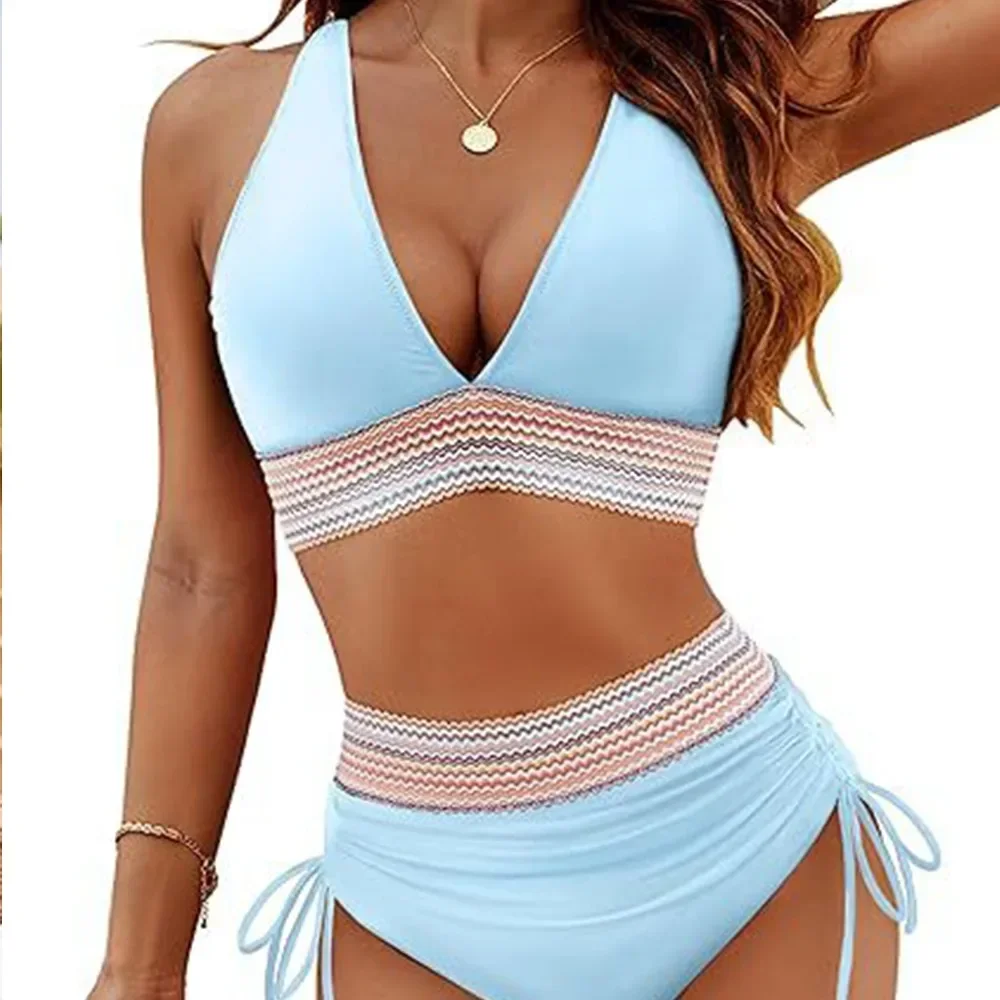 Solid color drawstring bikini set - Фотография_3