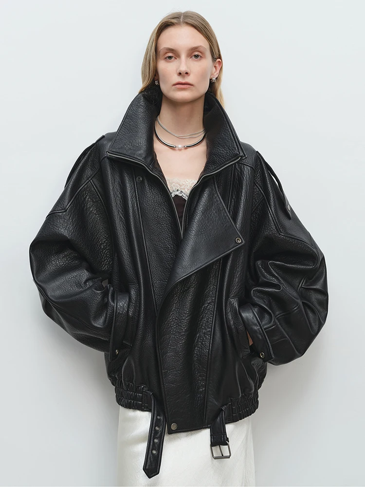 Женская мотоциклетная куртка оверсайз из натуральной кожи