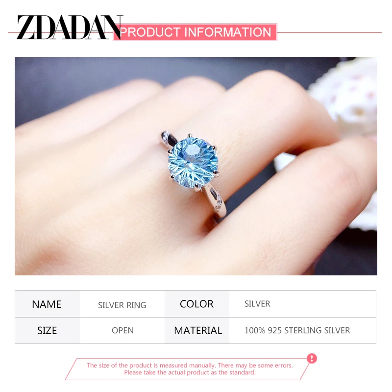Zdadan 925, серебряное кольцо с синим топазом для женщин - Фотография_6
