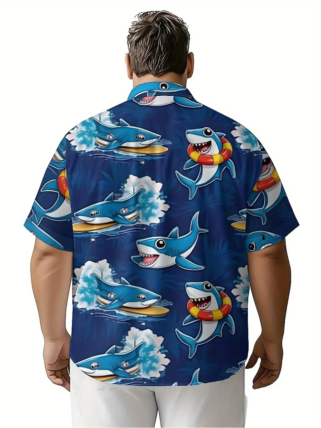 Мужские гавайские рубашки больших размеровshark surf adventure pattern - Фотография_4
