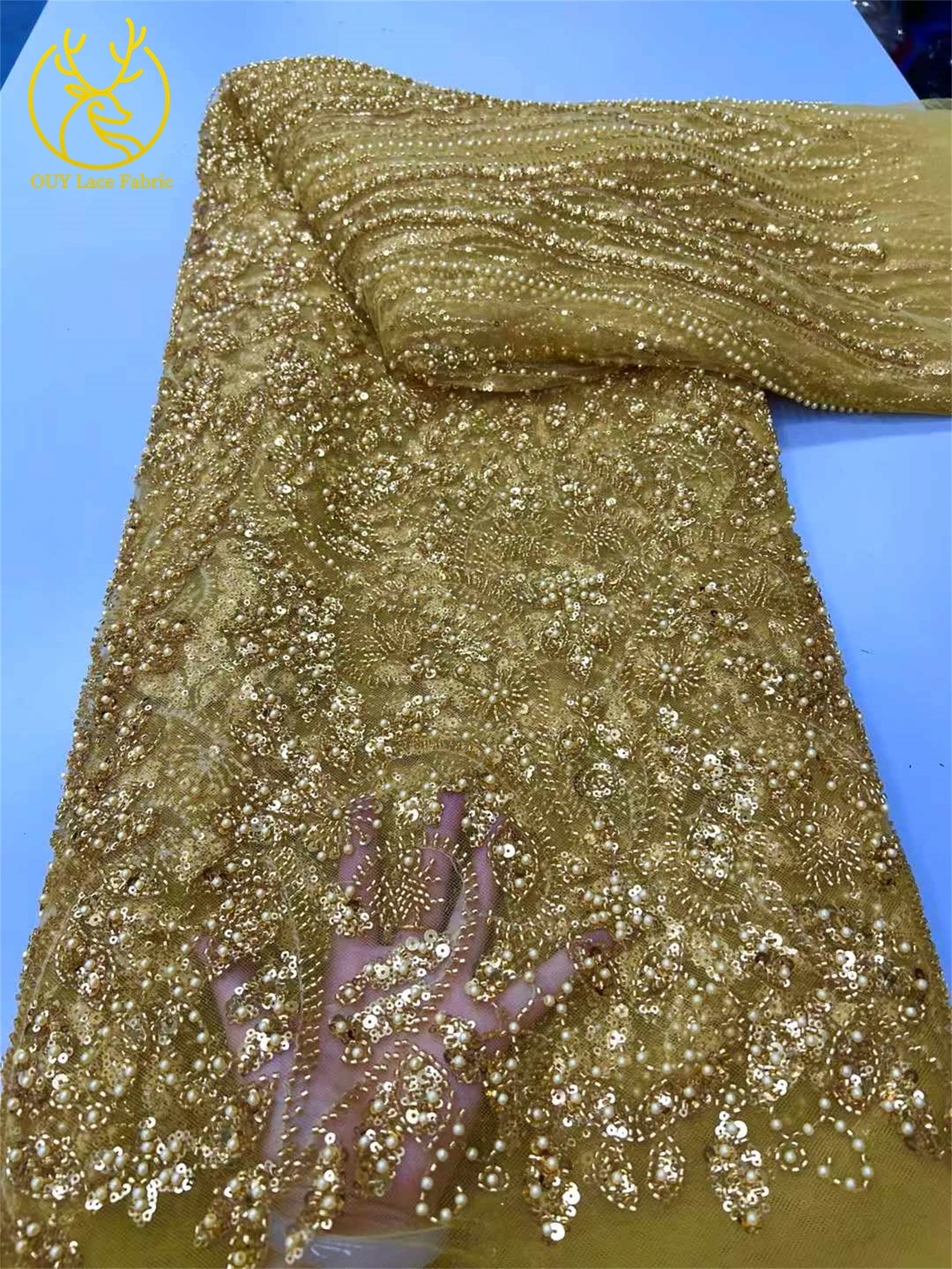 Зеленая африканская тюлевая кружевная ткань с бисером - Фотография_4