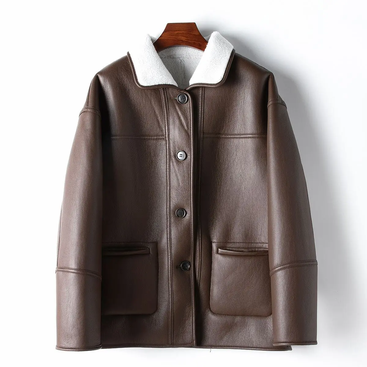 Года, двусторонняя кожаная куртка с шерстяными частицами внутри - Фотография_3