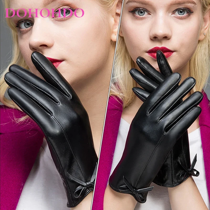 2026 женские черные перчатки из искусственной кожи с сенсорным экраном - Фотография_3
