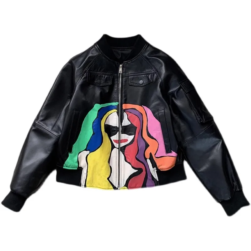 Женская цветная кожаная бейсбольная куртка с граффити - Фотография_5