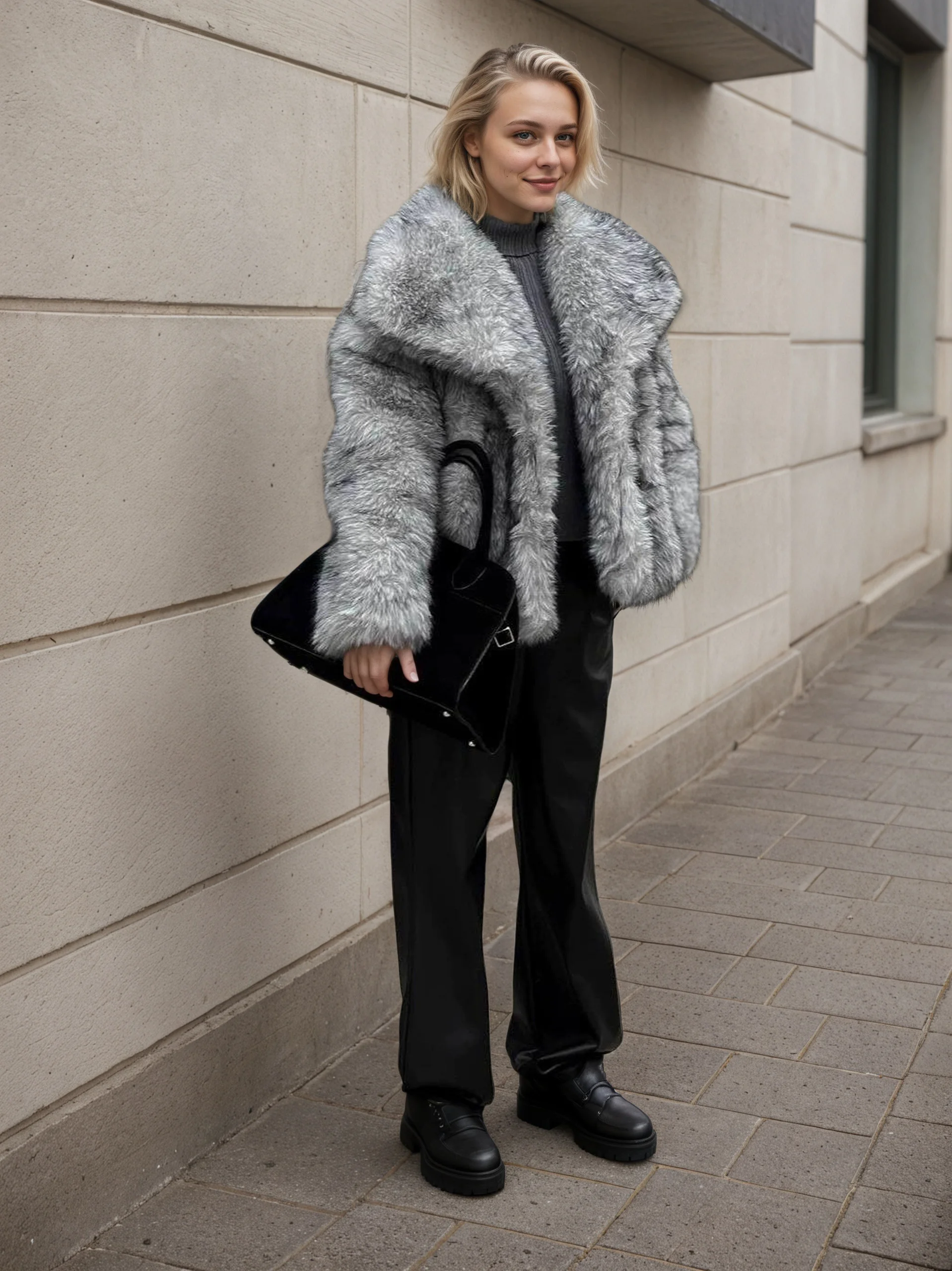 Утепленная теплая шуба с большими лацканами для женщин - Фотография_5