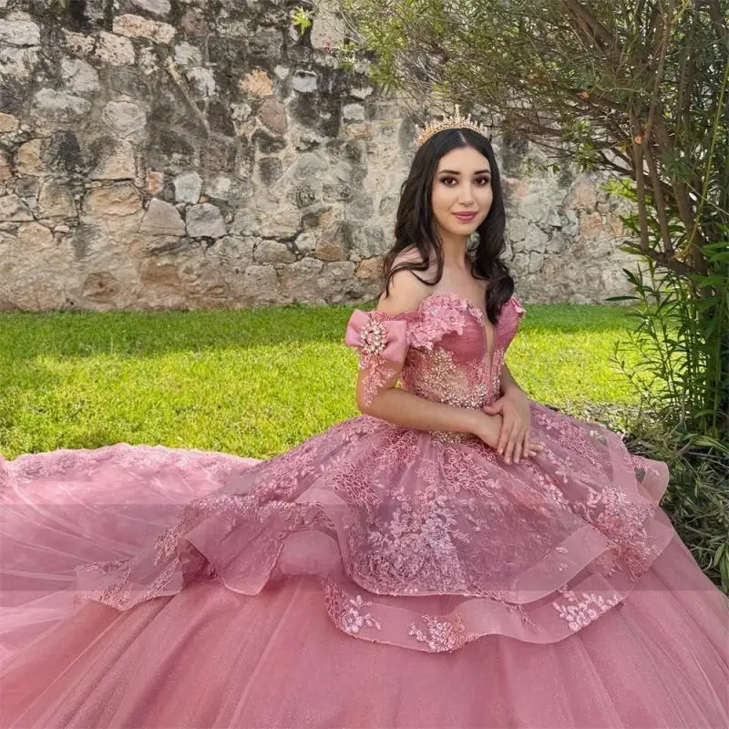 Персиково-розовое бальное платье quinceanera с королевским шлейфом 15 - Фотография_4