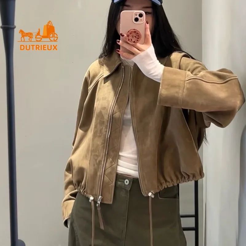 Зимняя замшевая кожаная куртка с завязками по краю