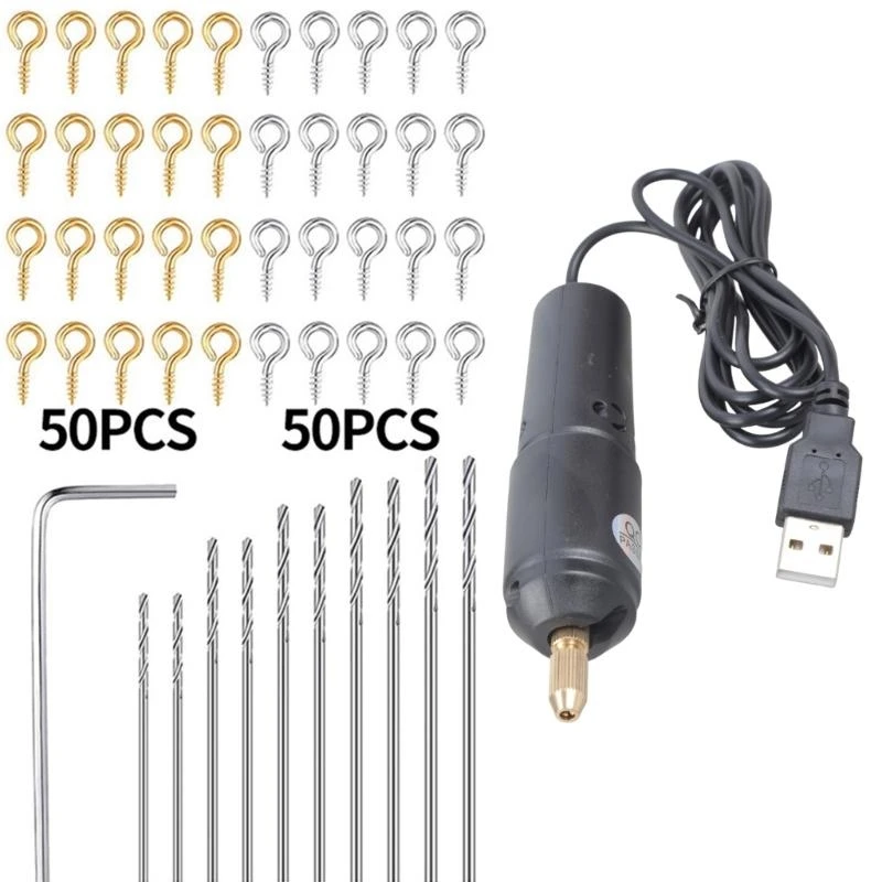 Мини-дрель электрическая черная с usb-портом и сверлами для полимера