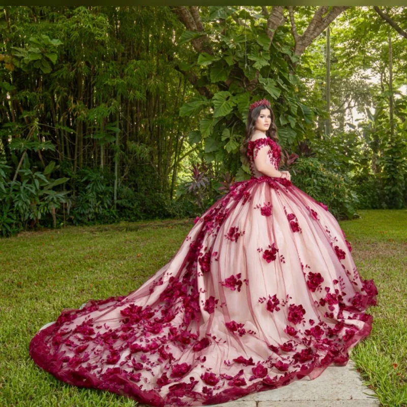 Индивидуальные винно-красные платья quinceanera с открытыми плечами - Фотография_3