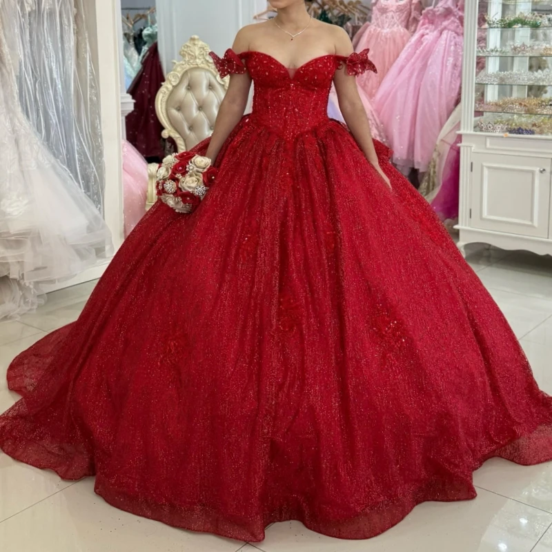 Красное блестящее платье quinceanera с открытыми плечами и блестками