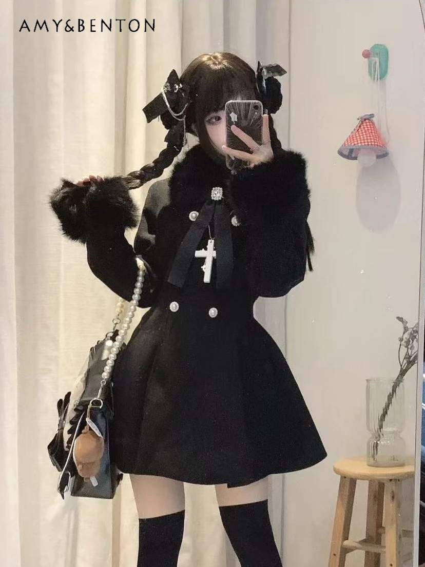 Черное шерстяное пальто в японском стиле с милым бантом для женщин - Фотография_2