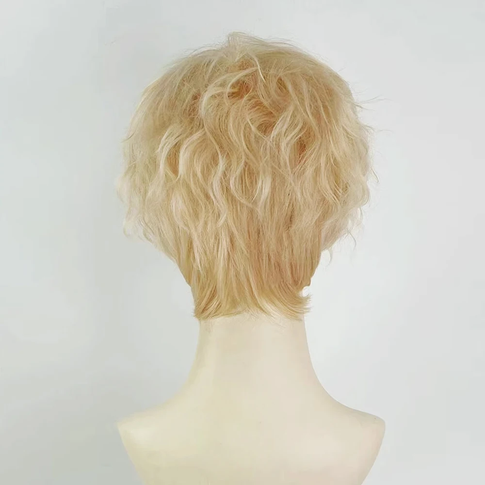Мужской короткий волнистый вьющийся синтетический светлый парик с челкой - Фотография_2