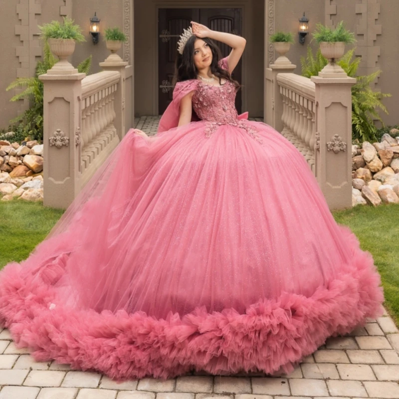 Розовые блестящие платья quinceanera с открытыми плечами - Фотография_3