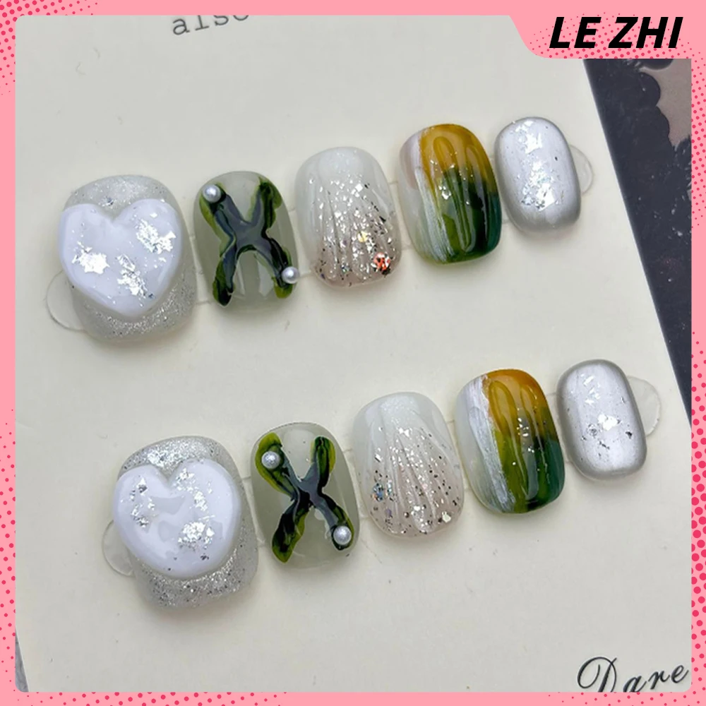 Милые короткие квадратные круглые носимые ногти ручной работы - Фотография_3