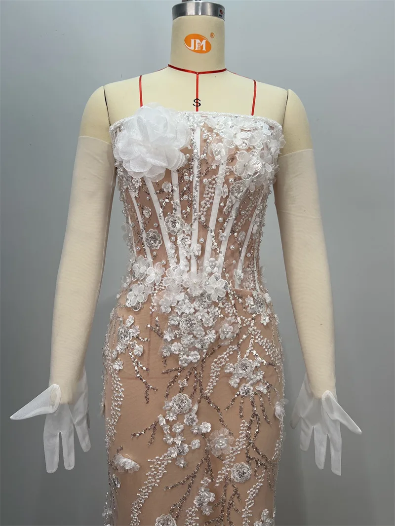 Роскошное свадебное платье русалки с жемчугом и съемными рукавами - Фотография_4