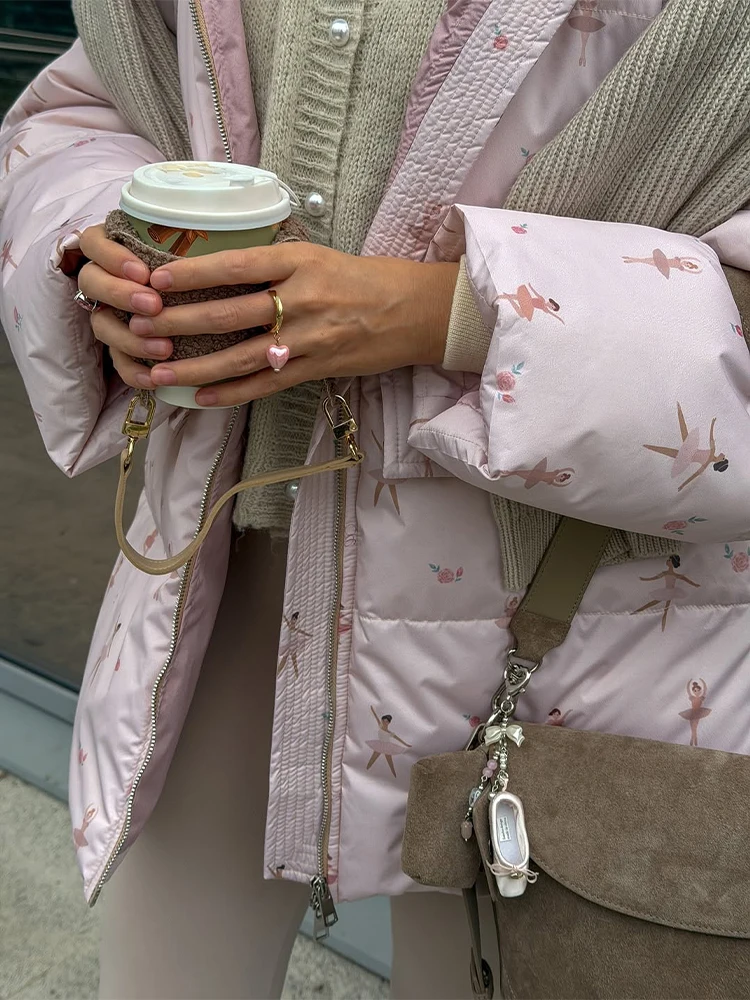 Шикарные розовые свободные теплые хлопковые пальто с принтом - Фотография_3