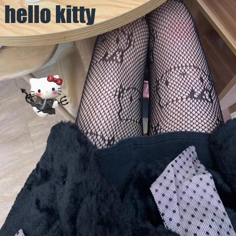Черные шелковые ажурные носки hello kitty