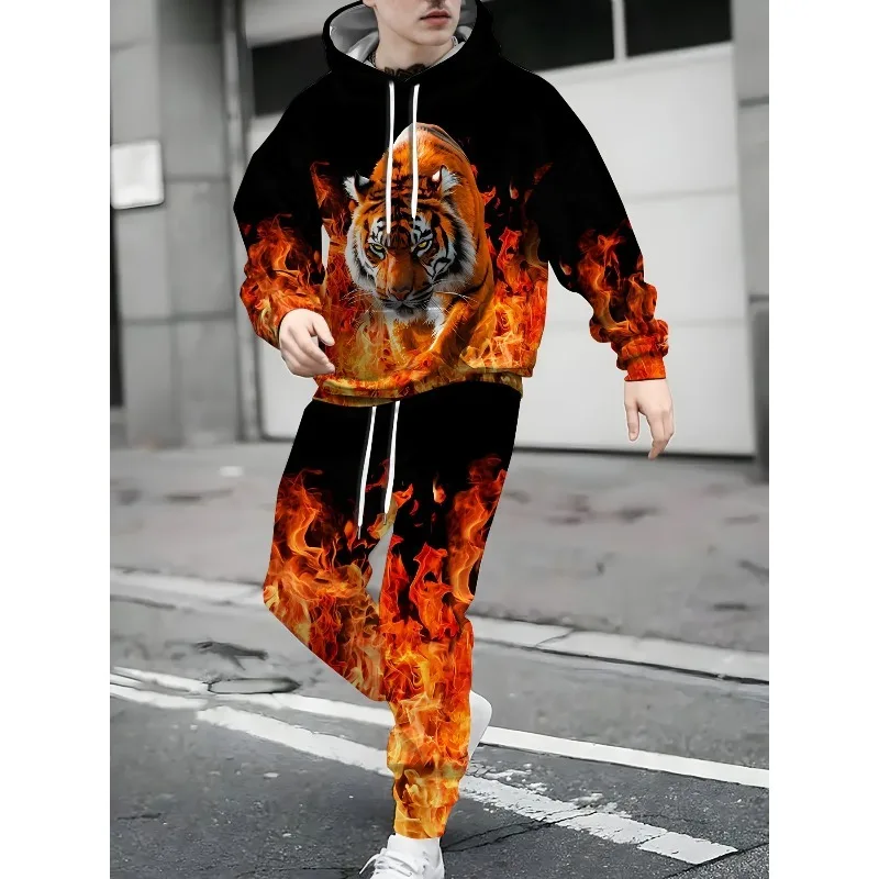 Мужской повседневный костюм с капюшоном с тигровым узором