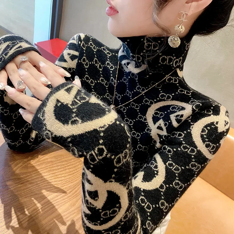 Женские винтажные вязаные пуловеры с высоким воротником - Фотография_3