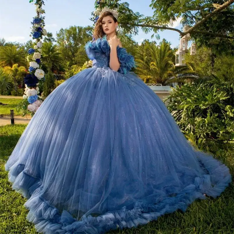 Синее платье quinceanera с перьями на одно плечо по индивидуальному заказу