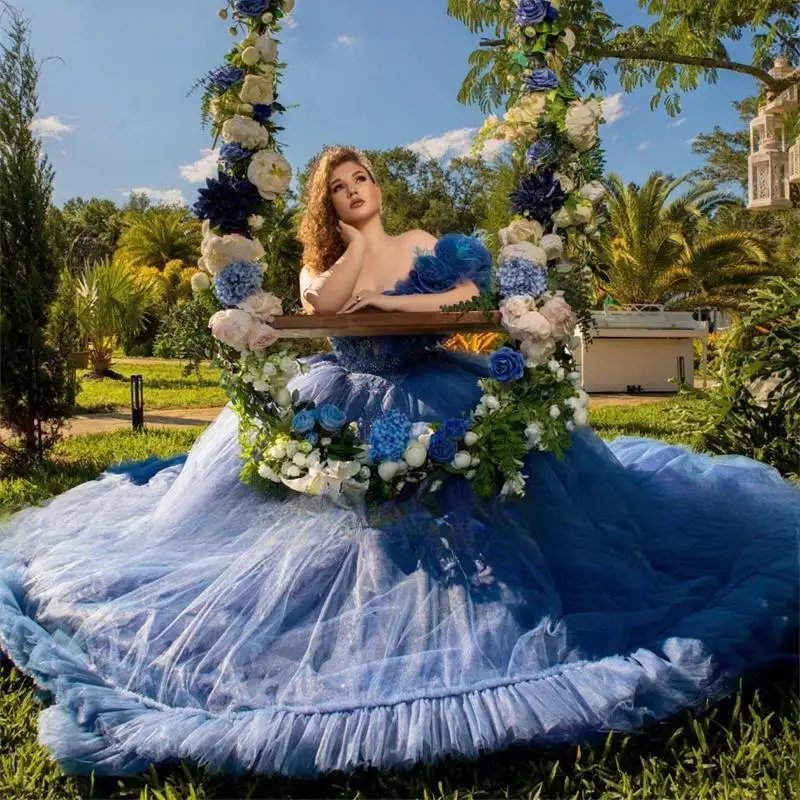 Синее платье quinceanera с перьями на одно плечо по индивидуальному заказу - Фотография_3