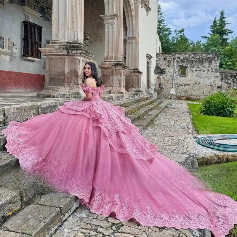 Персиково-розовое бальное платье quinceanera с королевским шлейфом 15 - Фотография_2