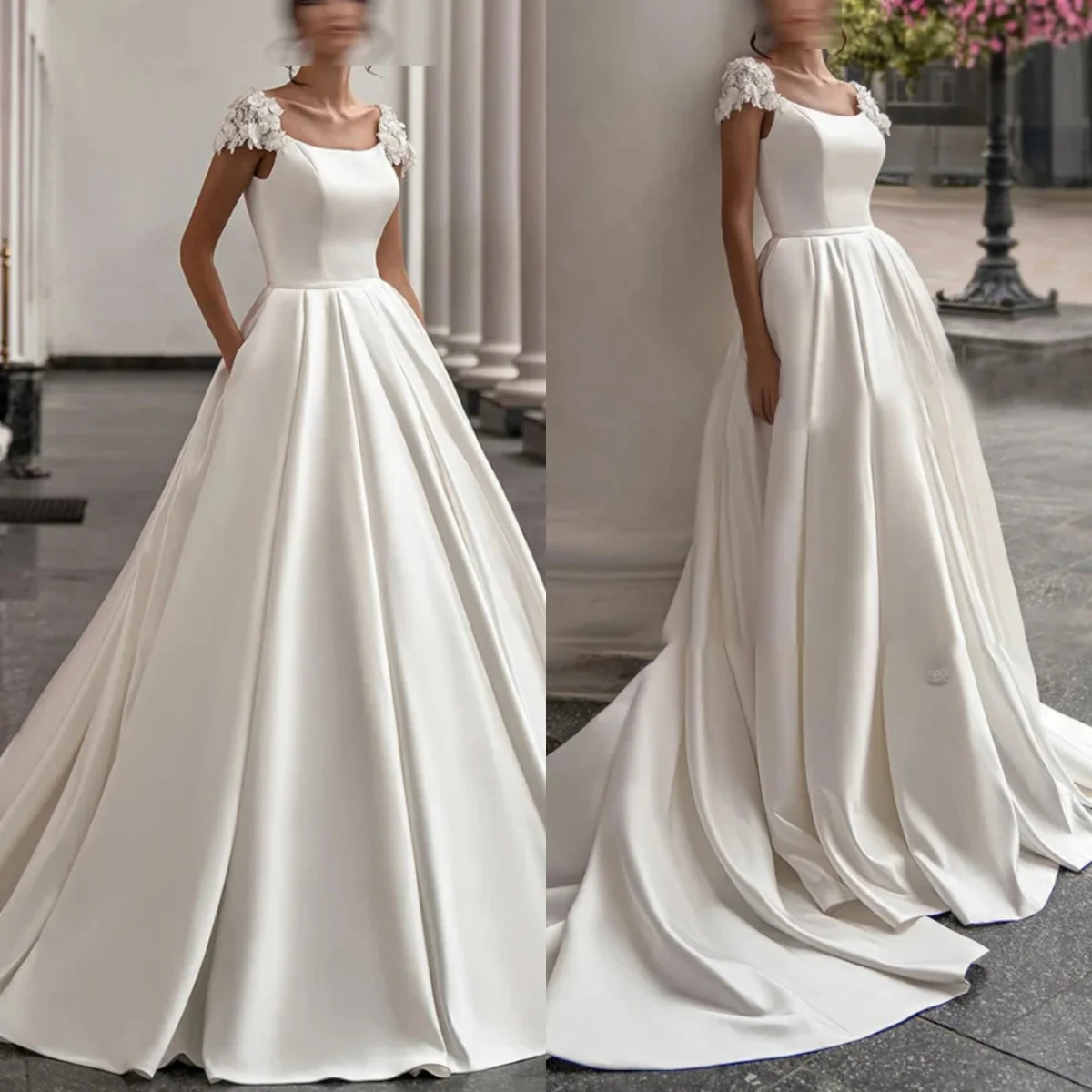 Белое атласное свадебное платье с аппликацией по индивидуальному заказу - Фотография_2