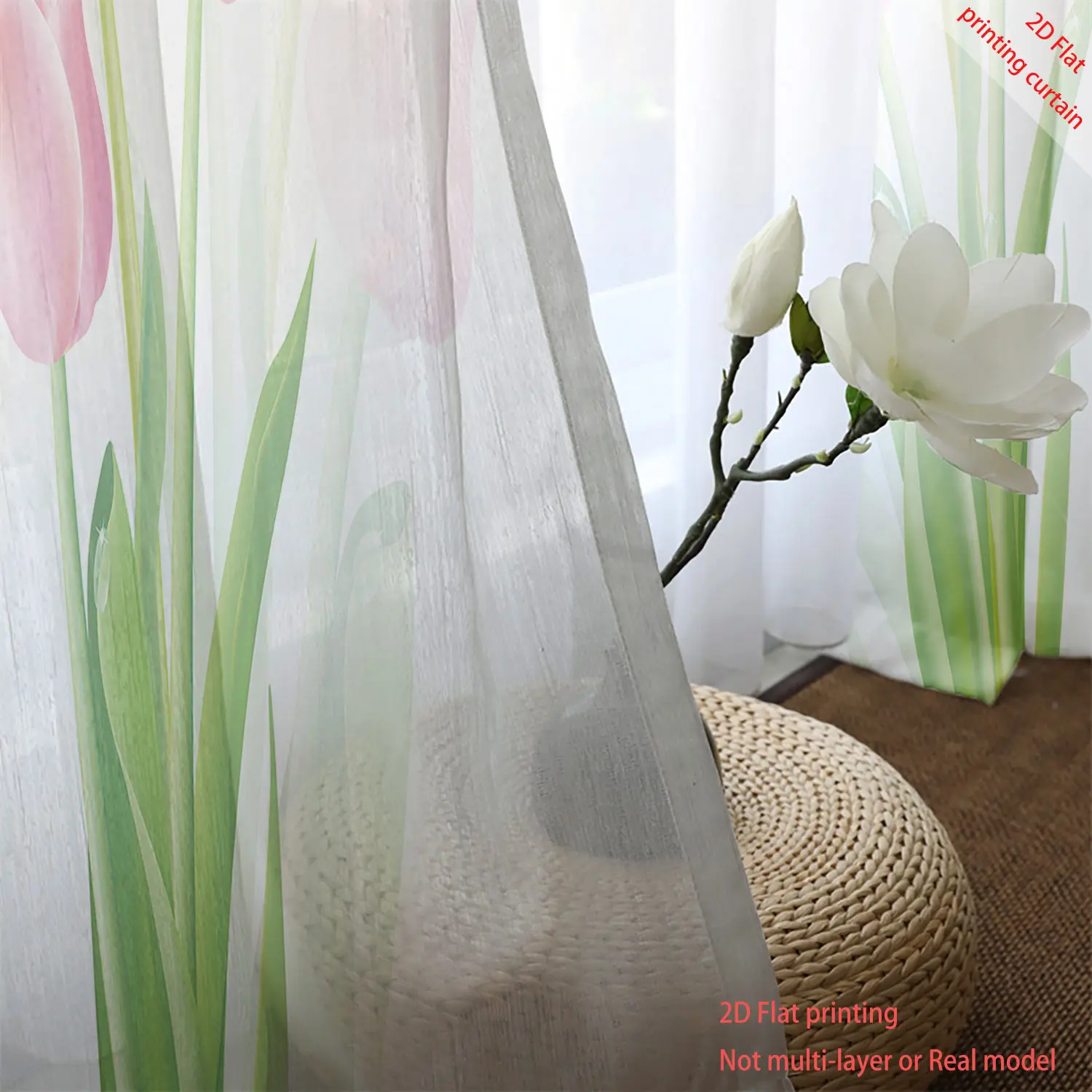 Прозрачная марлевая занавеска с розовым тюльпаном - Фотография_2