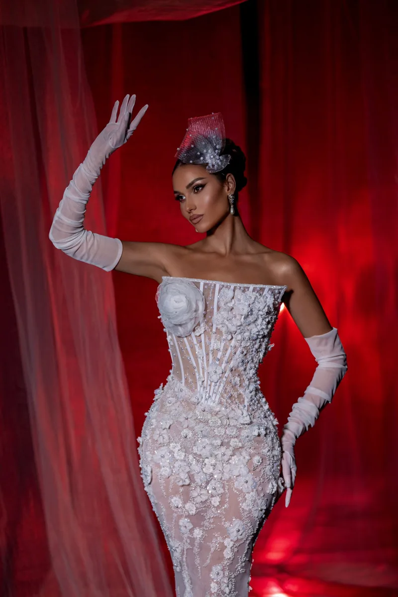 Роскошное свадебное платье русалки с жемчугом и съемными рукавами - Фотография_2