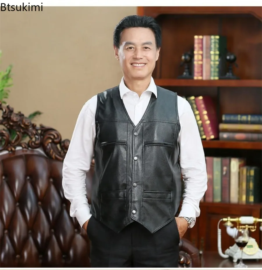 Осень-зима, новый мужской кожаный жилет с флисовой подкладкой - Фотография_5