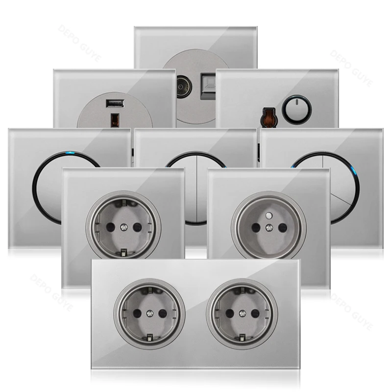 Grey tempered glass 220v eu fr standard dual wall socket