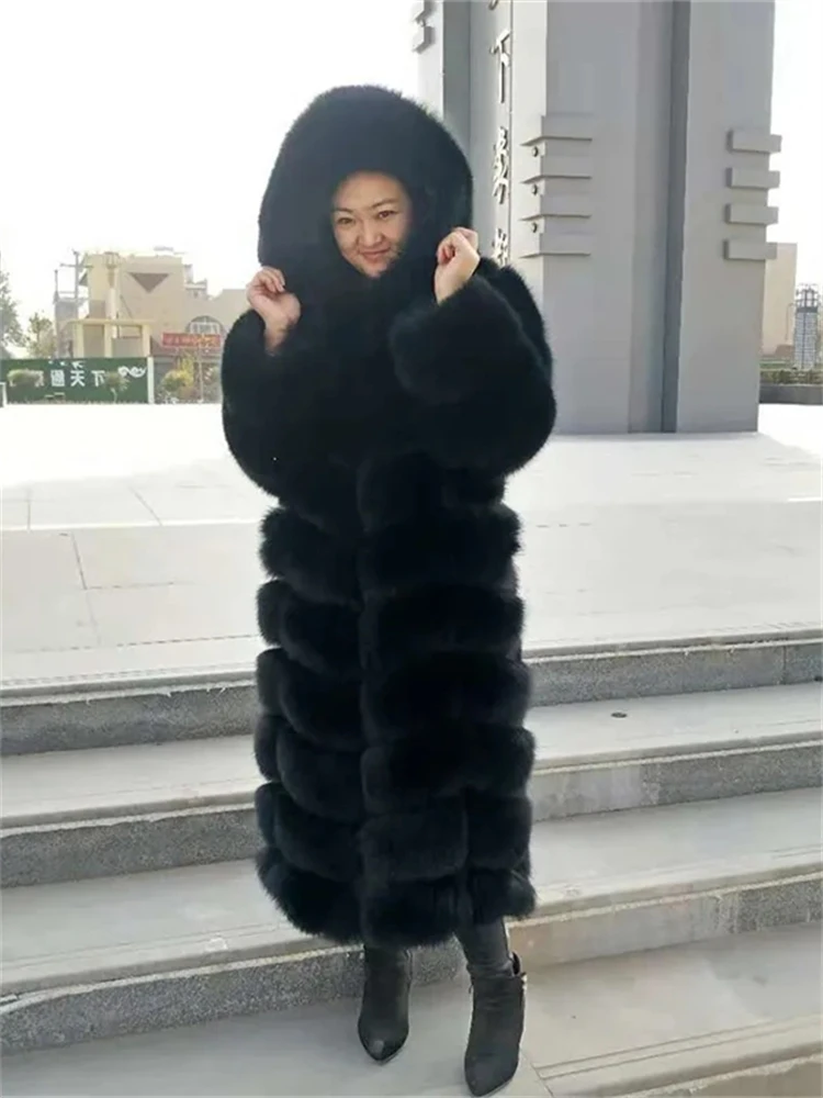 X-long шуба из натурального лисьего меха с капюшоном для женщин - Фотография_6