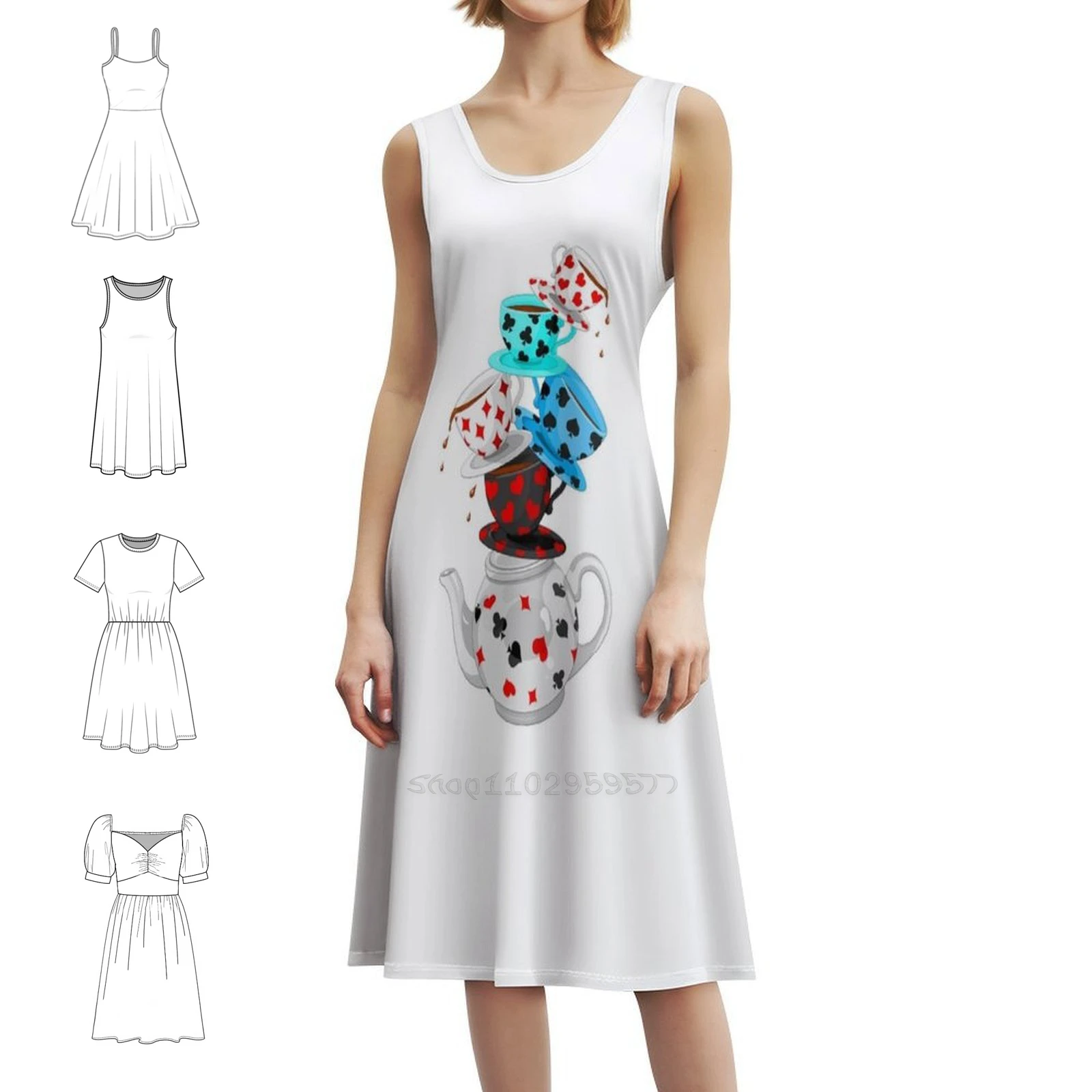 Чайные чашки, винтажное богемное платье с пышными рукавами или без рукавов