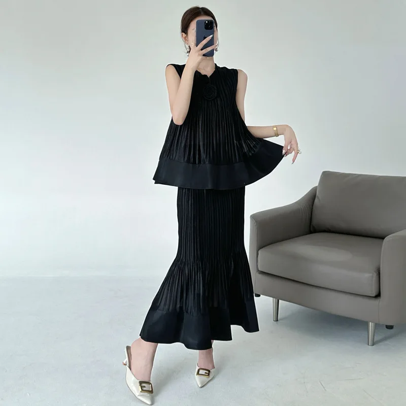 Черный плиссированный женский костюм с юбкой miyake - Фотография_4