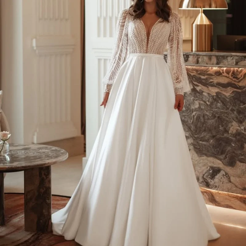 Shiny white wedding dresses off-shoulder - Фотография_2