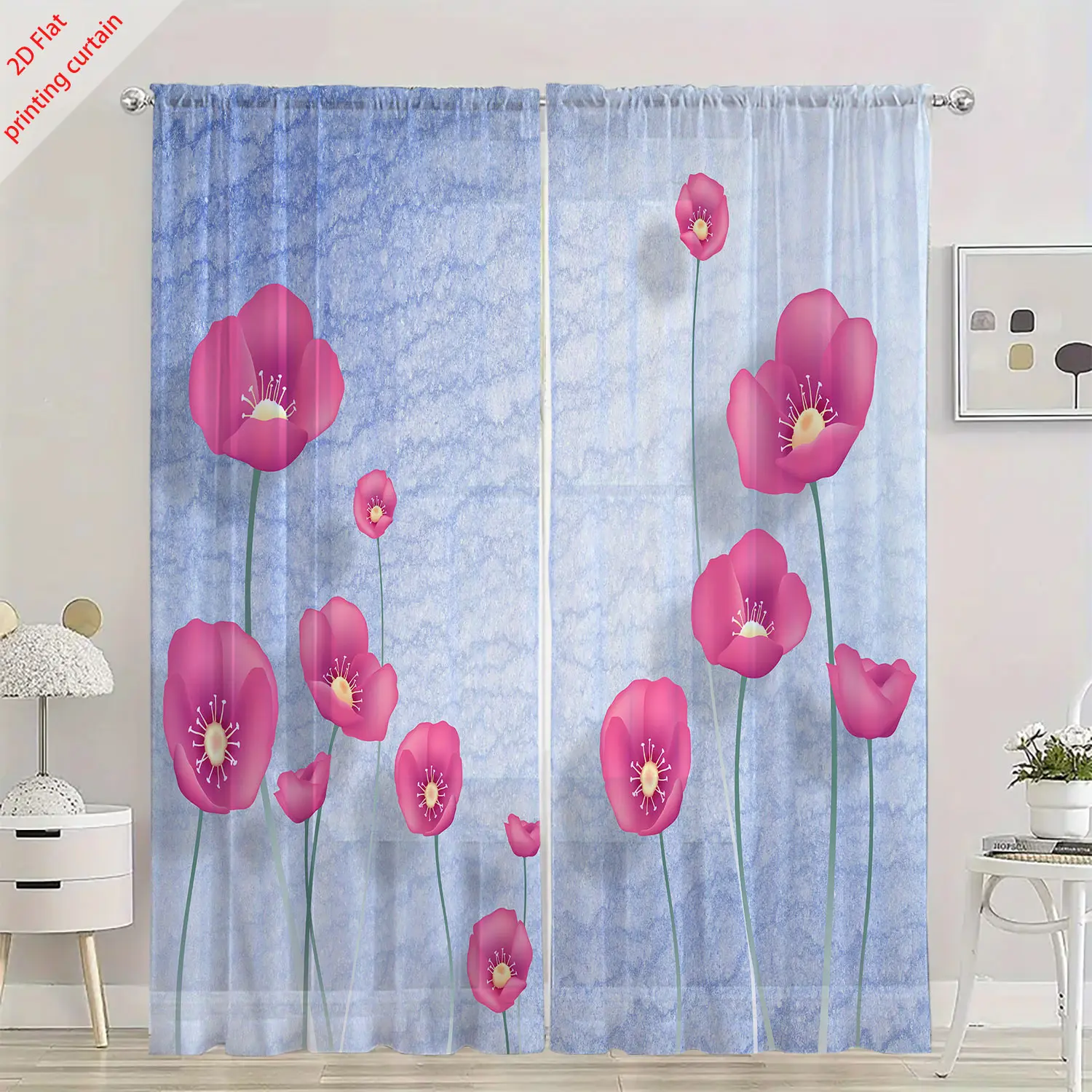 Прозрачная марлевая занавеска с фиолетовым цветочным принтом - Фотография_5